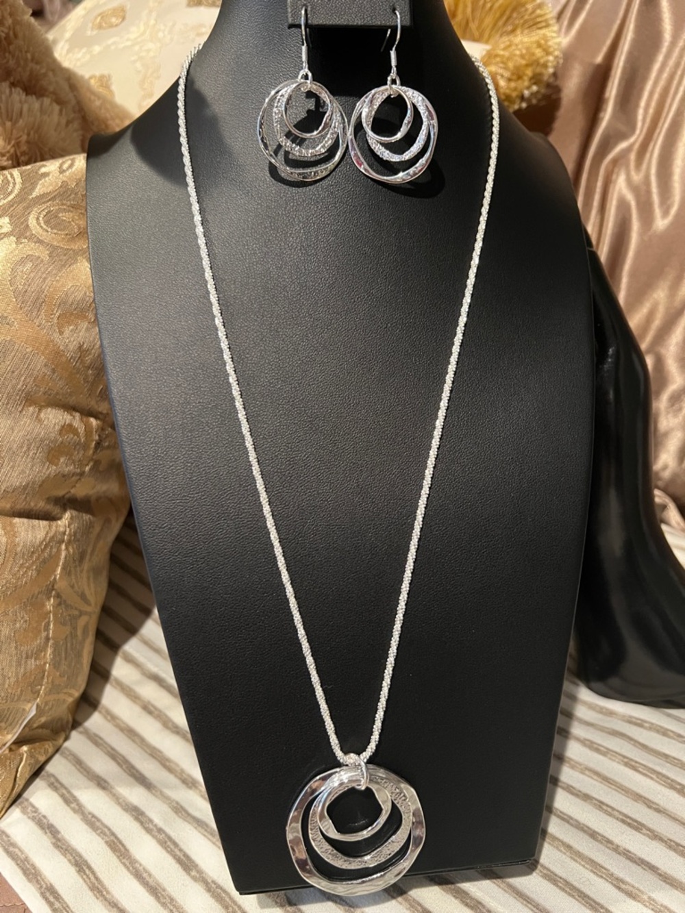 Silver-Tone Triple Ring Pendant Necklace and Earring Set - Women's Jewelry